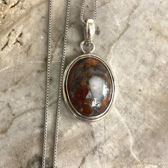 Sterling Silver 925 Oval Bezel Set Brecciated Jasper Pendant Necklace 18.5" - Picture 3 of 16